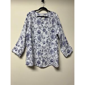 CYNTHIA ROWLEY 100% Linen Blue/White Floral Print Roll Tab Button Front, 2X